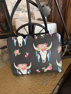 Black Floral Steer Skull Crossbody Bag with Pink Accents